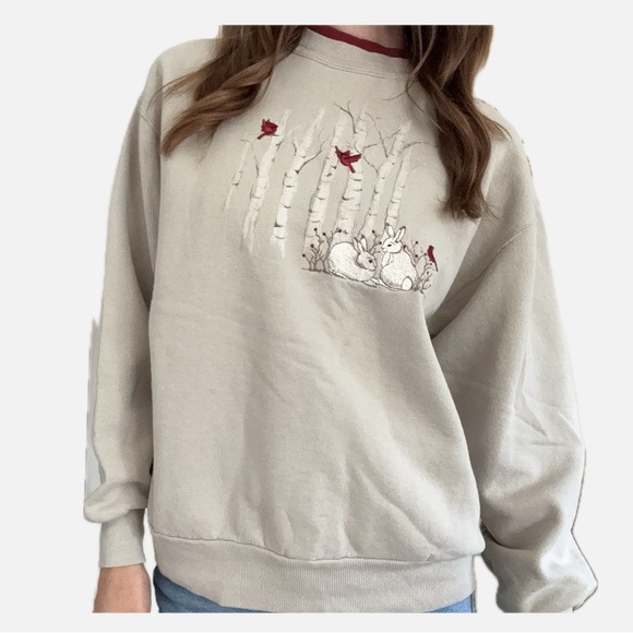 Vintage Sweaters - Embroidered Taupe Gray Sweatshirt with Rabbit Cardinal and Trees Design